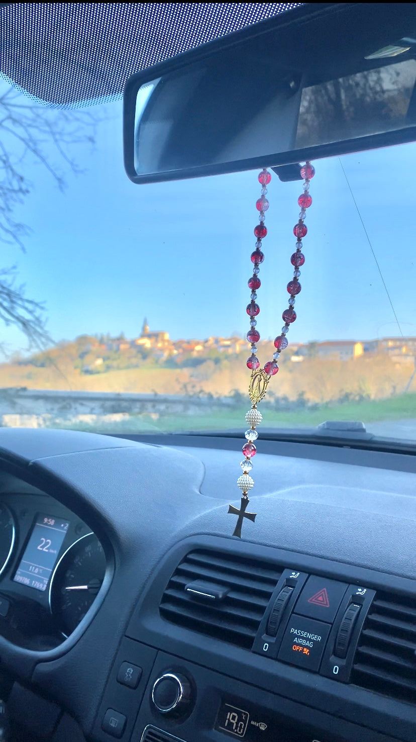 Car Rosary - Red craqueled glass